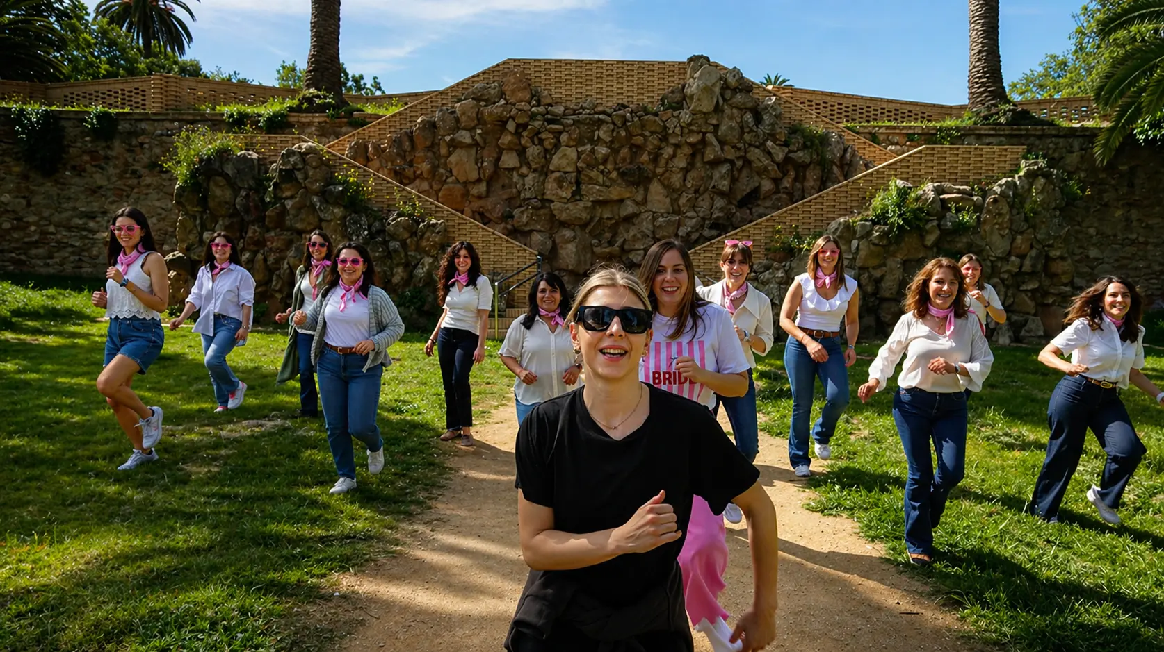Grupo de amigas en una divertida escena de lipdub al aire libre
